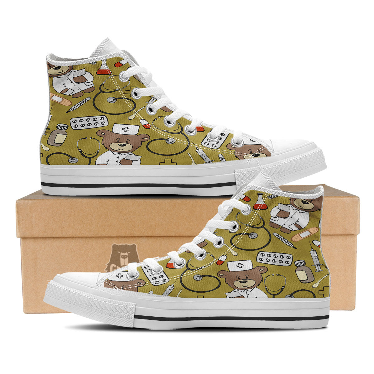Gold Teddy Bear Nurse White High Top Shoes-grizzshop