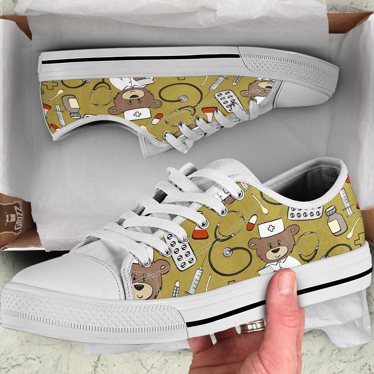 Gold Teddy Bear Nurse White Low Top Shoes-grizzshop