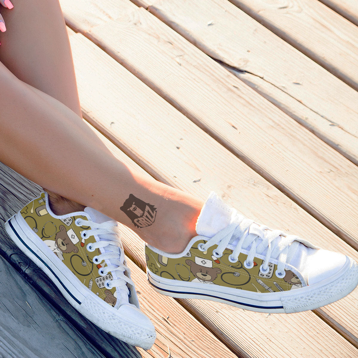 Gold Teddy Bear Nurse White Low Top Shoes-grizzshop