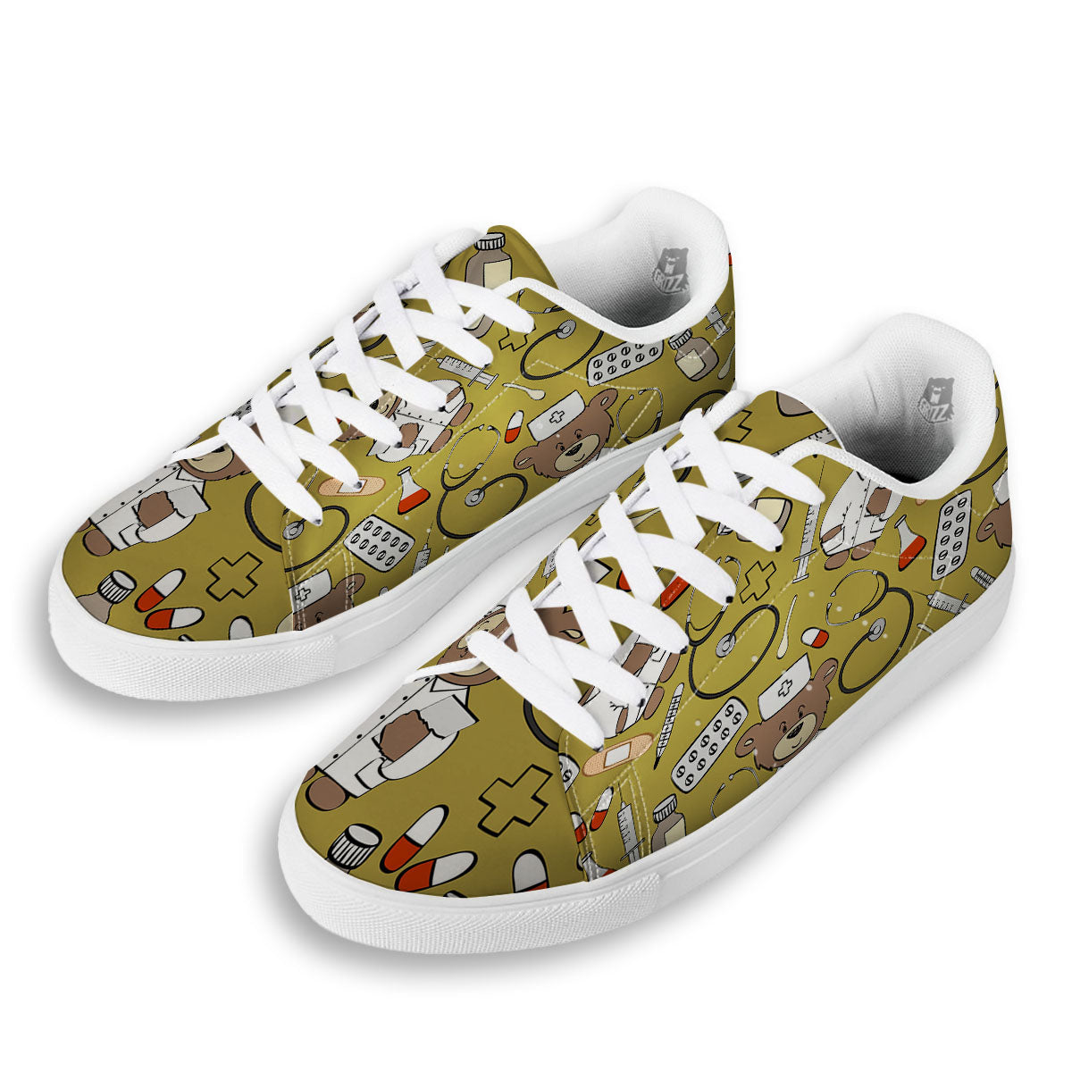 Gold Teddy Bear Nurse White Low Top Sneakers-grizzshop