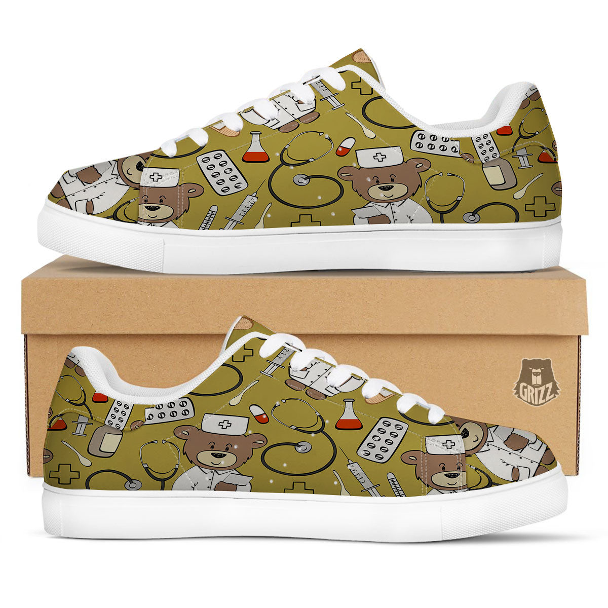 Gold Teddy Bear Nurse White Low Top Sneakers-grizzshop