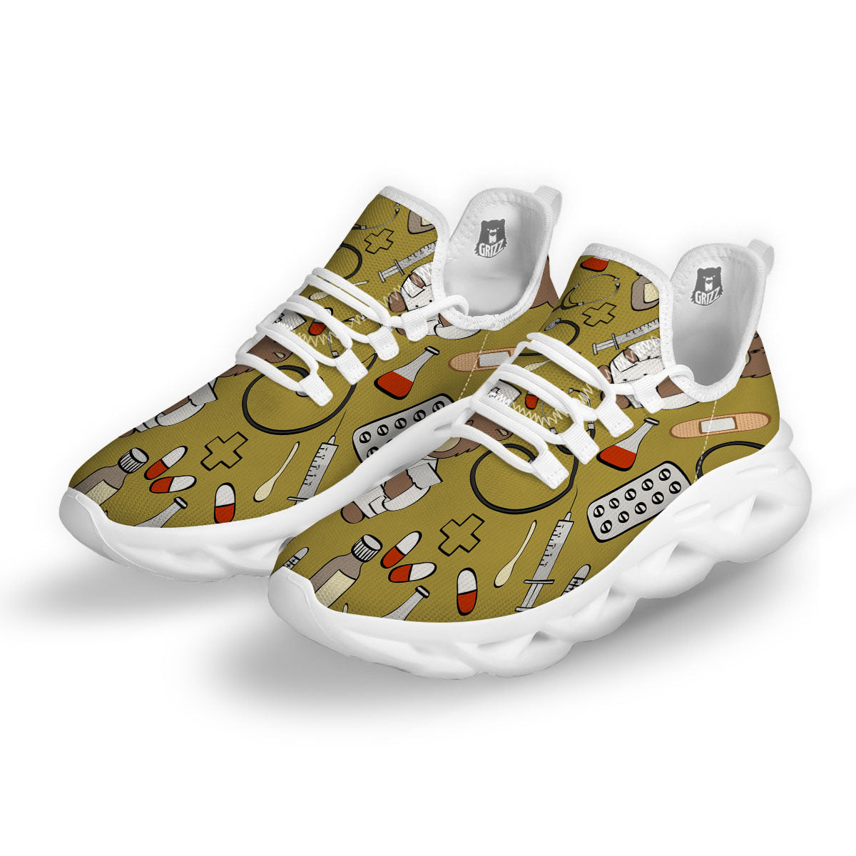 Gold Teddy Bear Nurse White Running Shoes-grizzshop