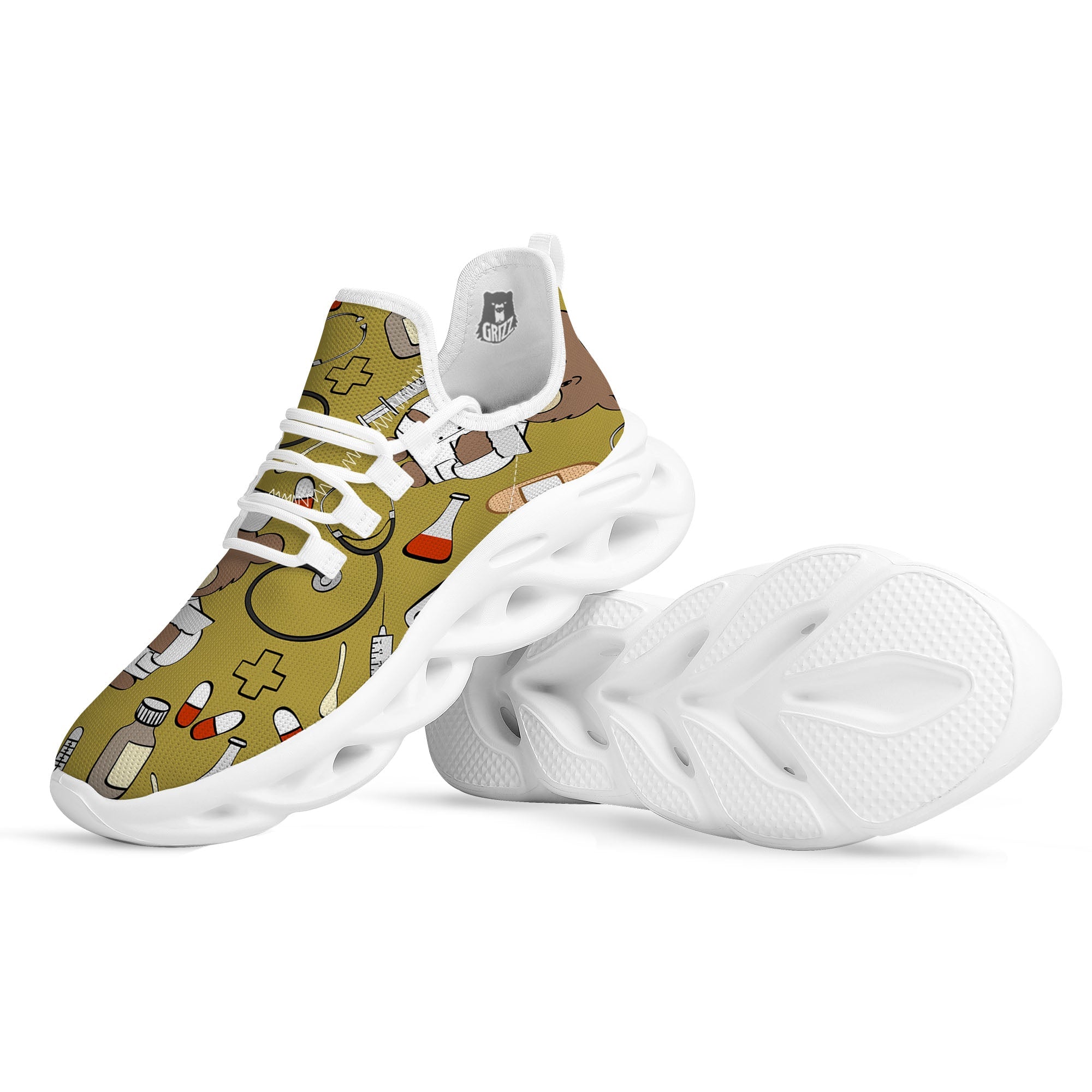 Gold Teddy Bear Nurse White Running Shoes-grizzshop