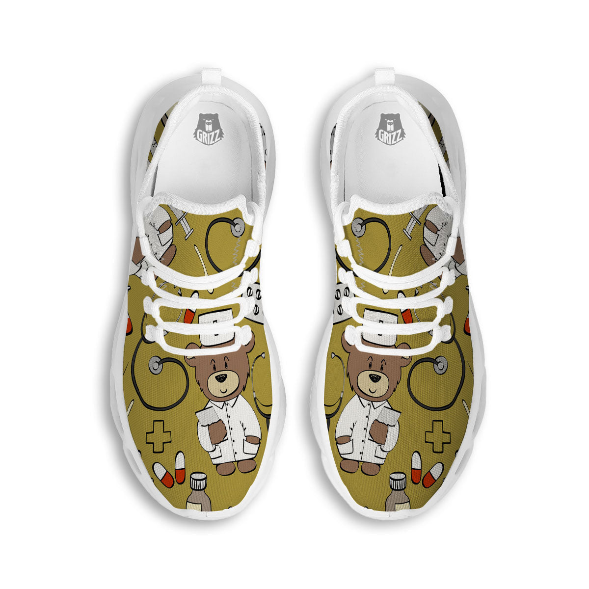 Gold Teddy Bear Nurse White Running Shoes-grizzshop