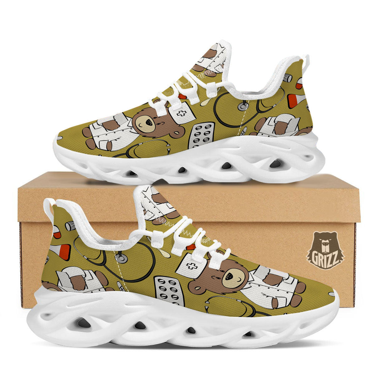 Gold Teddy Bear Nurse White Running Shoes-grizzshop