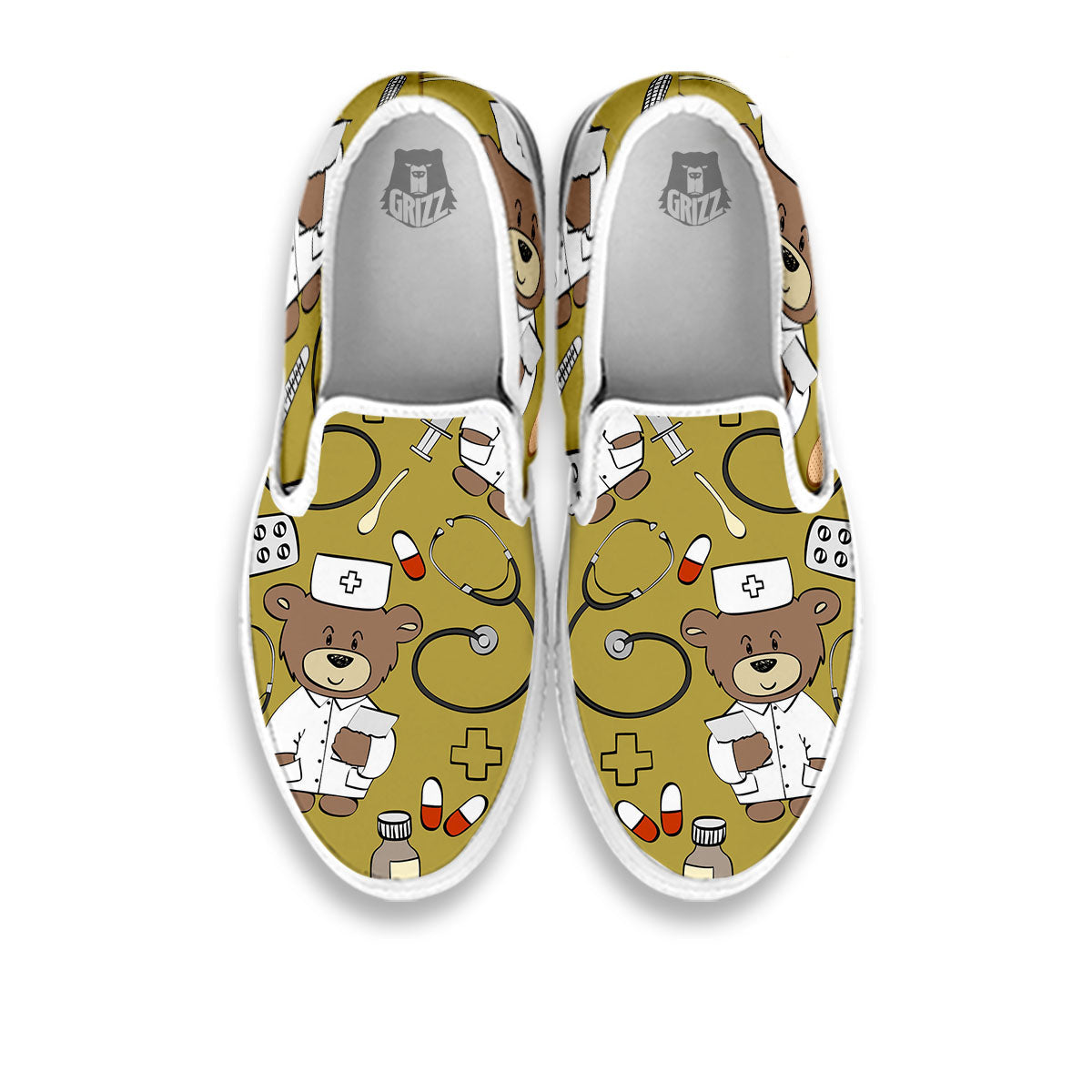 Gold Teddy Bear Nurse White Slip On Shoes-grizzshop