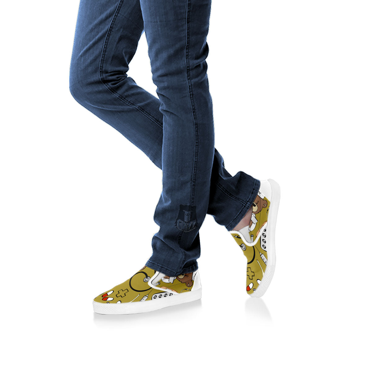 Gold Teddy Bear Nurse White Slip On Shoes-grizzshop