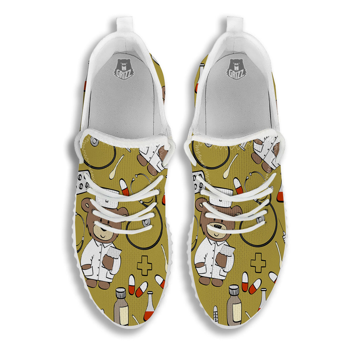 Gold Teddy Bear Nurse White Walking Shoes-grizzshop