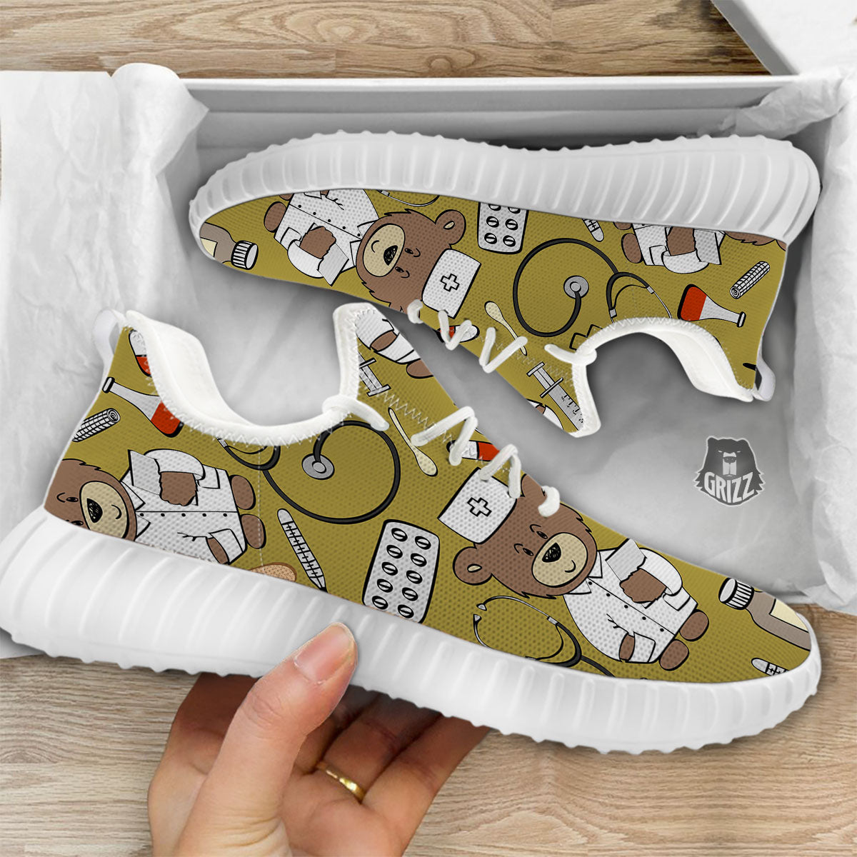 Gold Teddy Bear Nurse White Walking Shoes-grizzshop