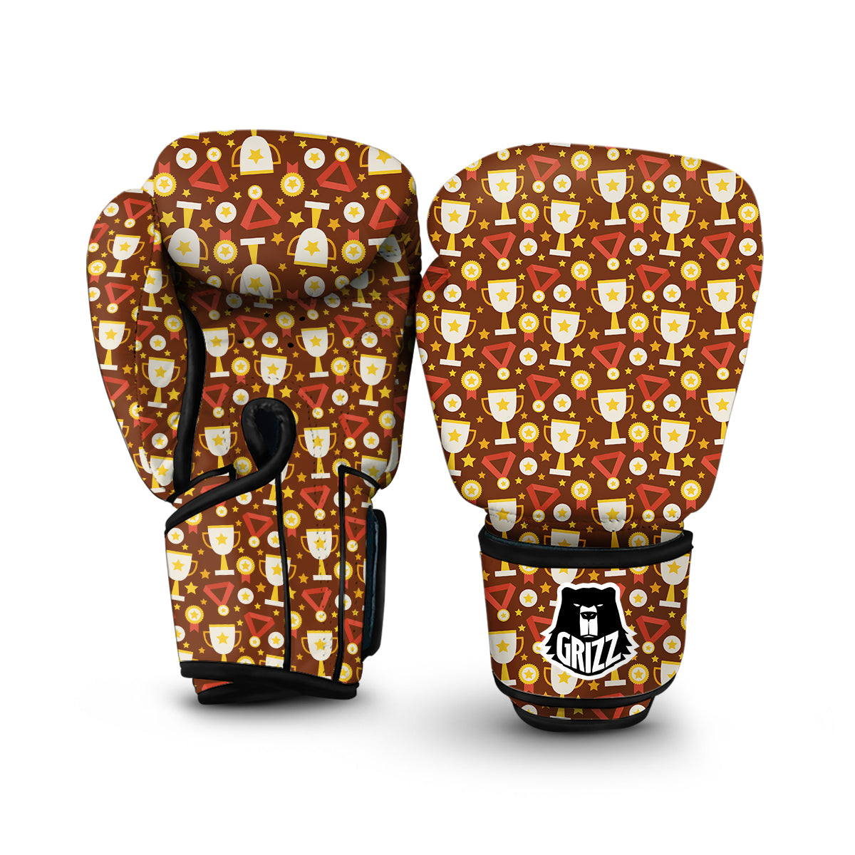 Gold Trophy Winner Cup Print Pattern Boxing Gloves-grizzshop