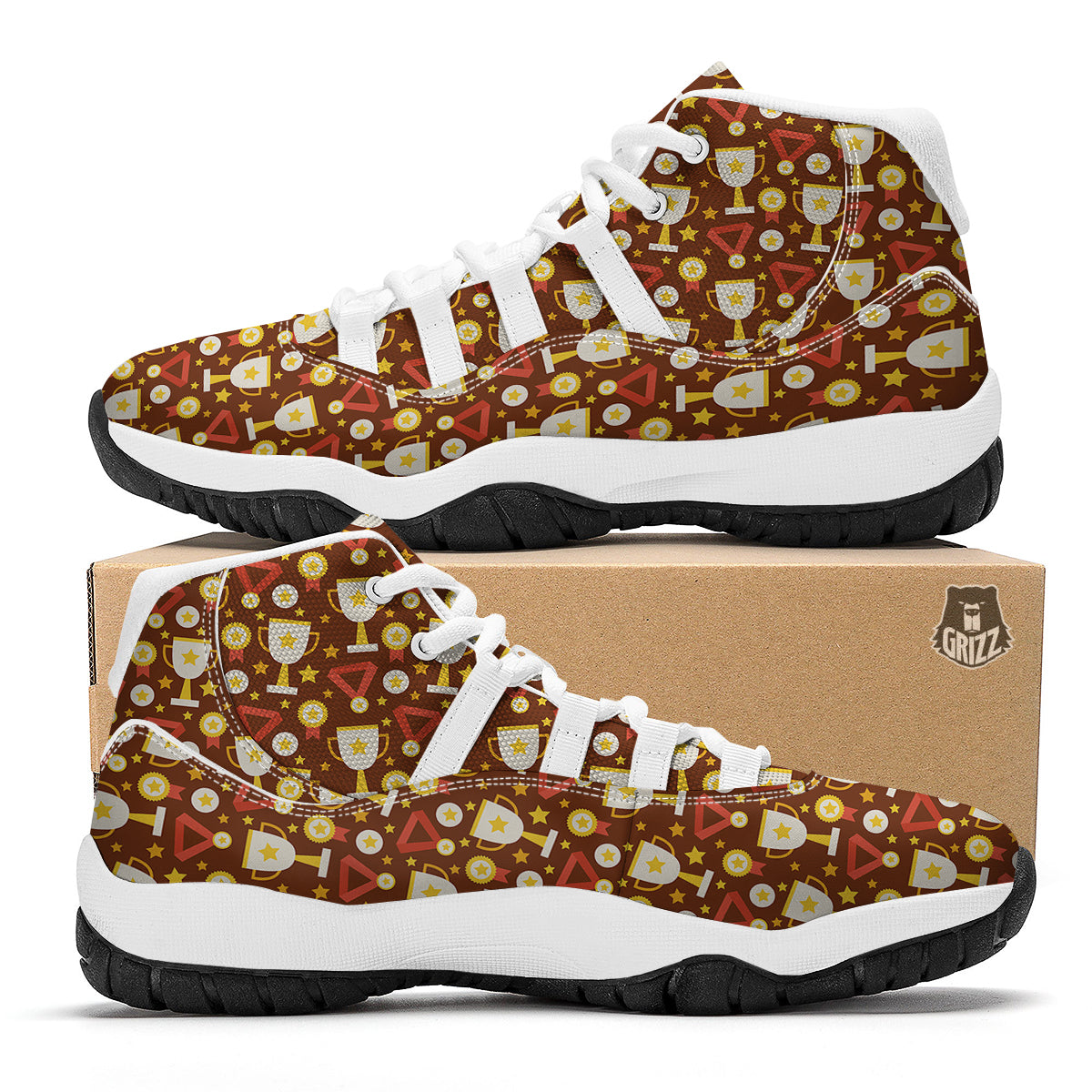 Gold Trophy Winner Cup Print Pattern White Bball Shoes-grizzshop