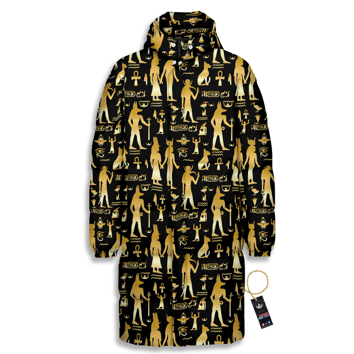 Gold And Black Egypt Ancient Mythology Print Pattern Long Down Jacket