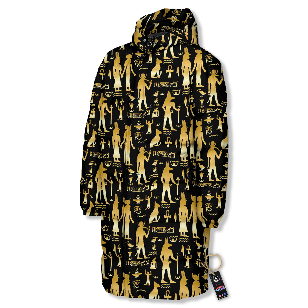 Gold And Black Egypt Ancient Mythology Print Pattern Long Down Jacket