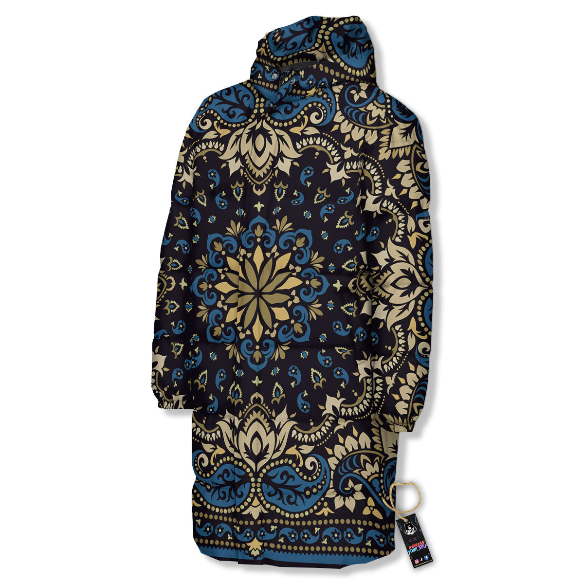 Gold Blue Paisley Bandana Print Long Down Jacket