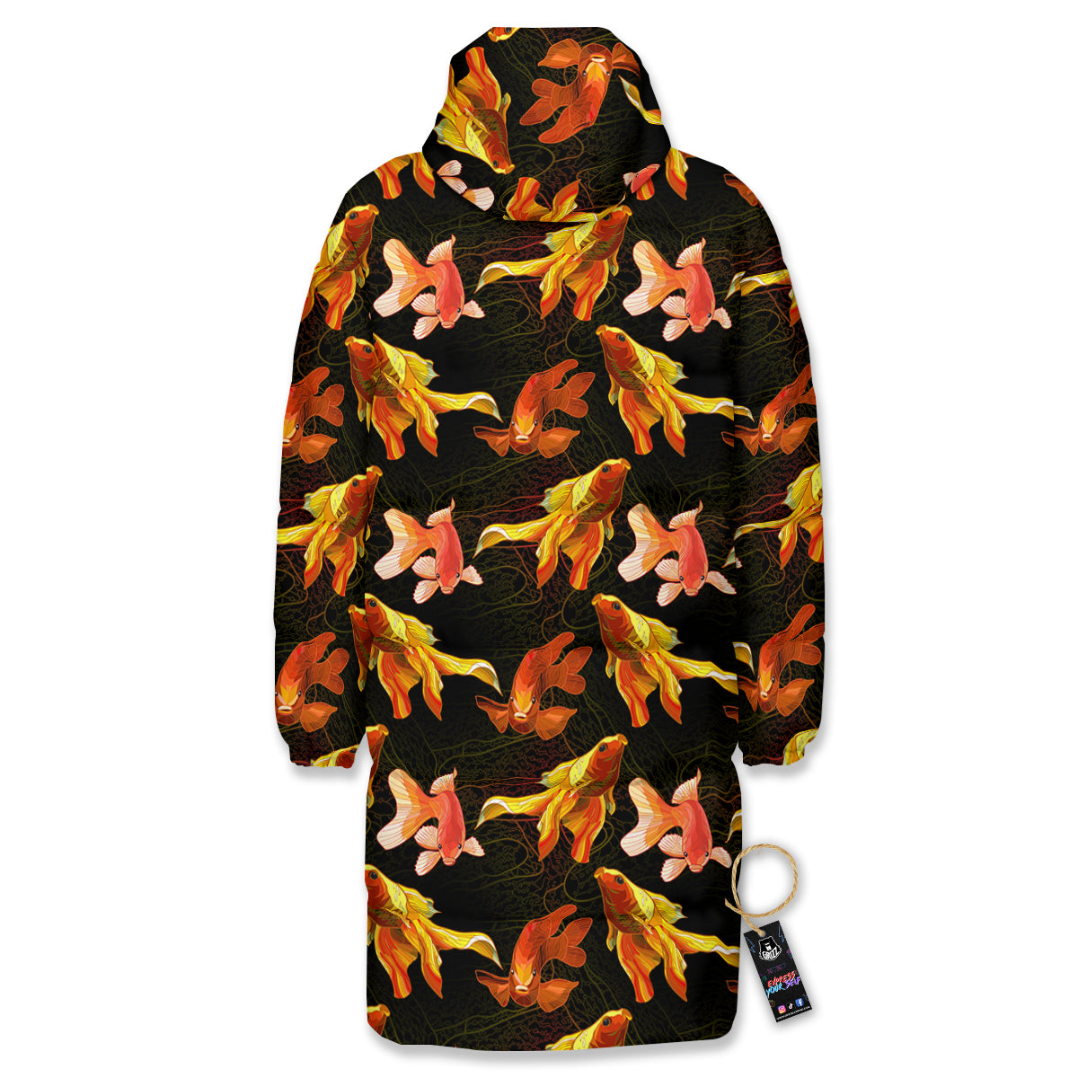 Gold Fish Drawing Print Pattern Long Down Jacket