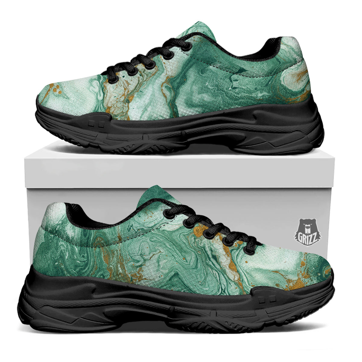 Golden And Green Marble Textue Print Black Chunky Shoes-grizzshop