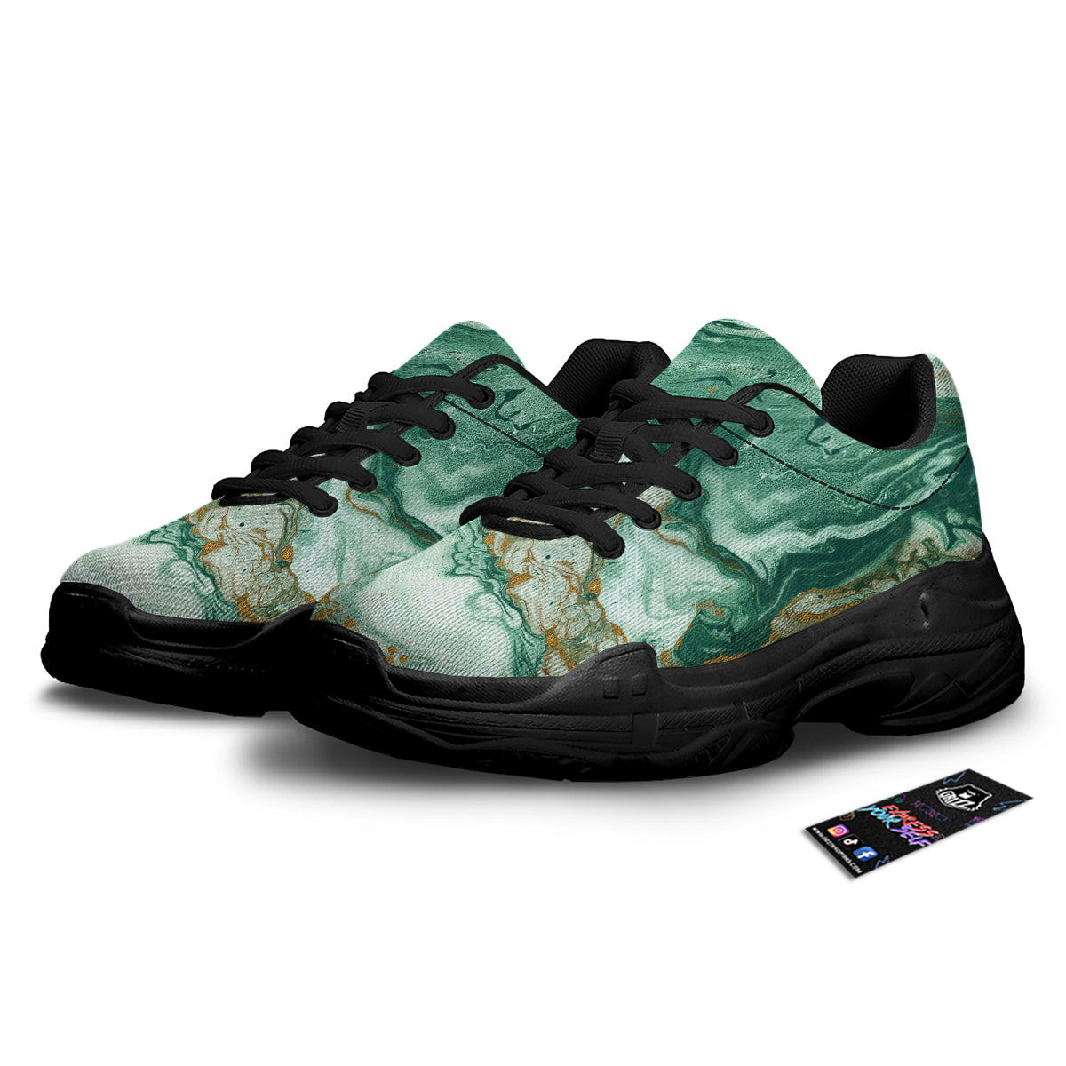 Golden And Green Marble Textue Print Black Chunky Shoes-grizzshop