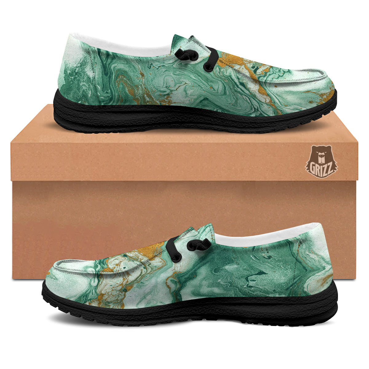 Golden And Green Marble Textue Print Black Loafers-grizzshop