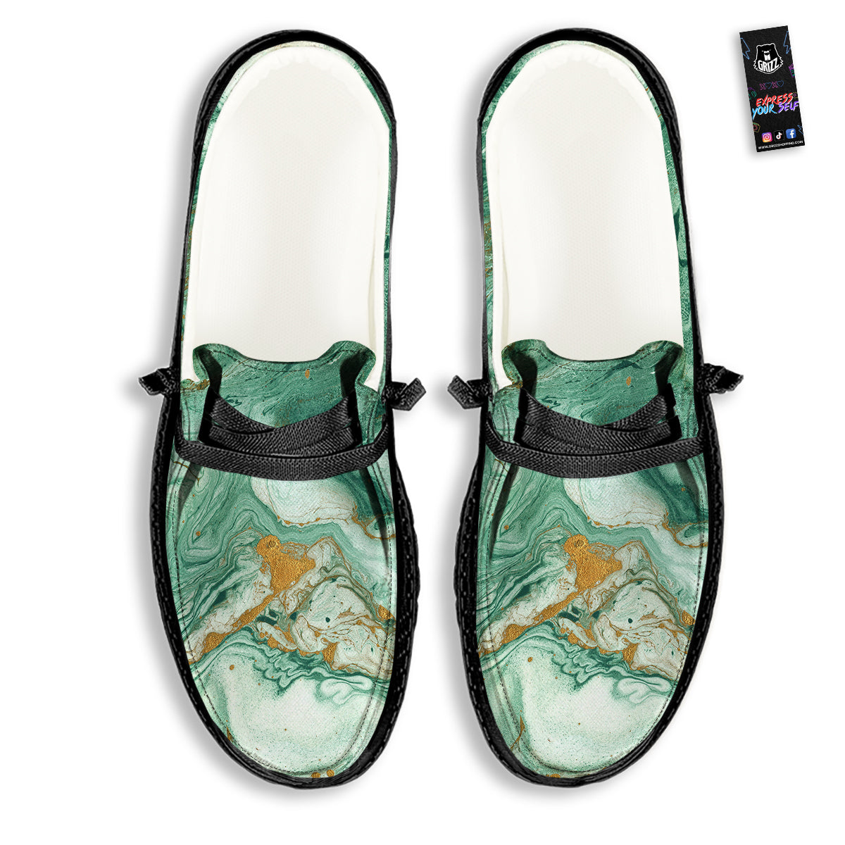 Golden And Green Marble Textue Print Black Loafers-grizzshop