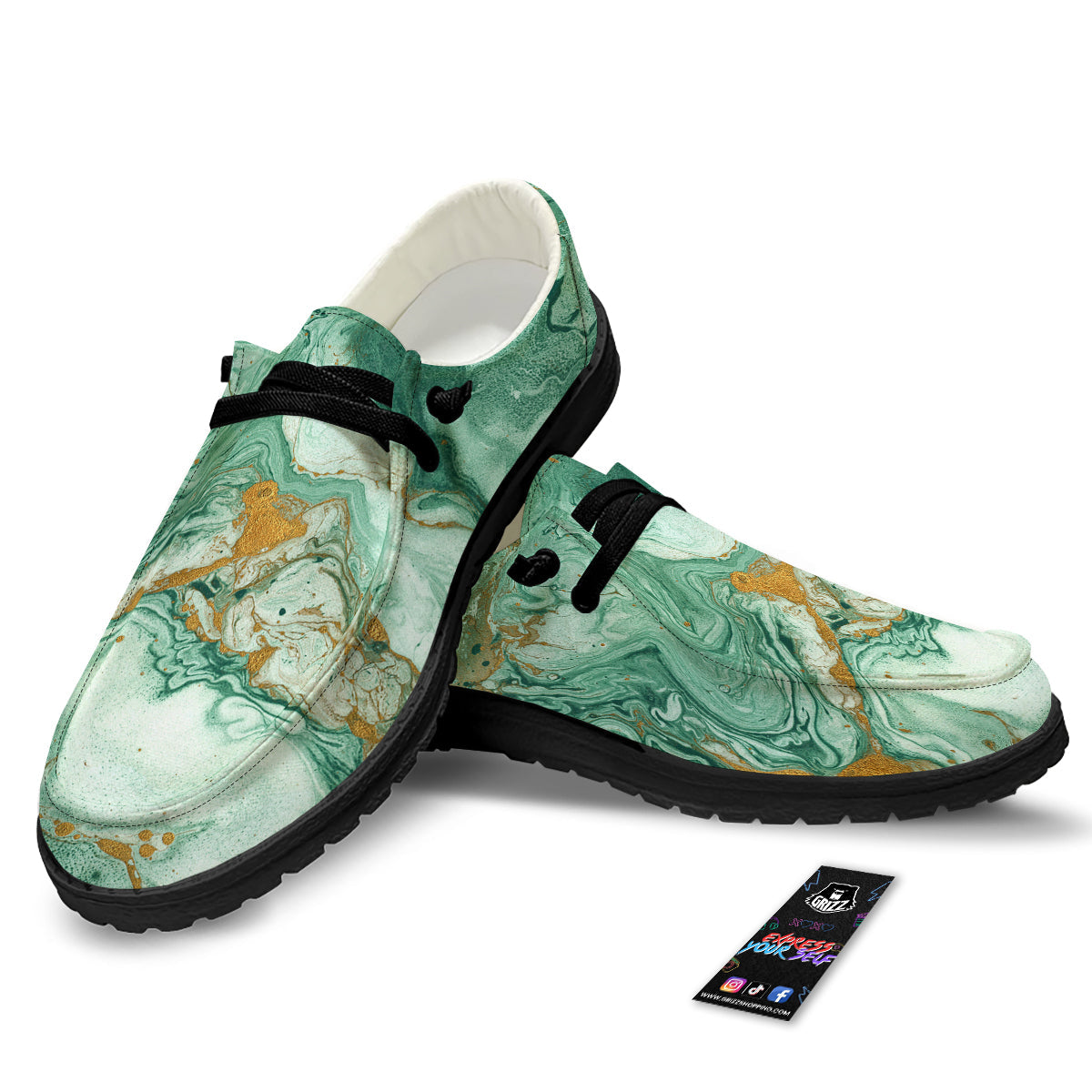 Golden And Green Marble Textue Print Black Loafers-grizzshop