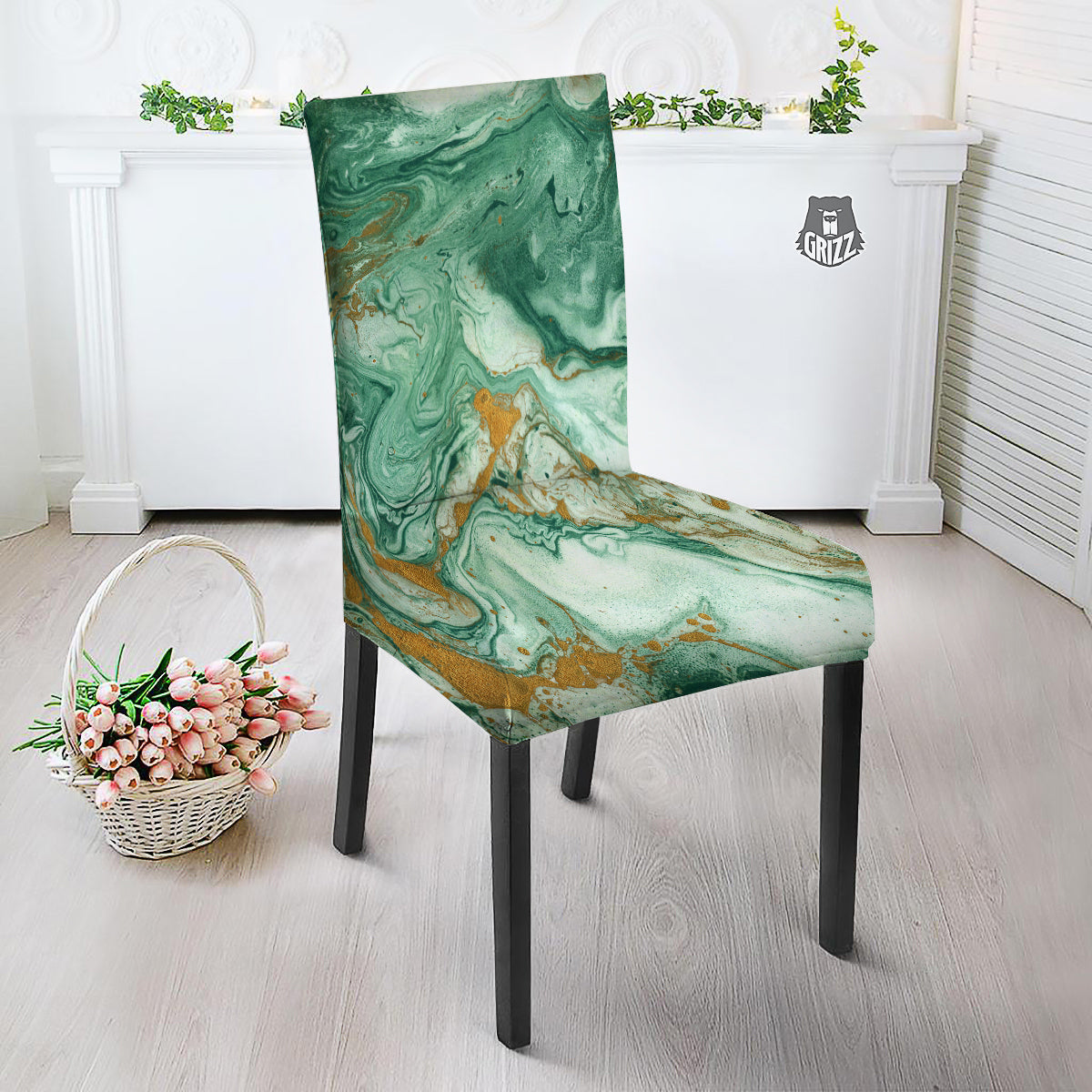Golden And Green Marble Textue Print Dining Chair Slipcover-grizzshop