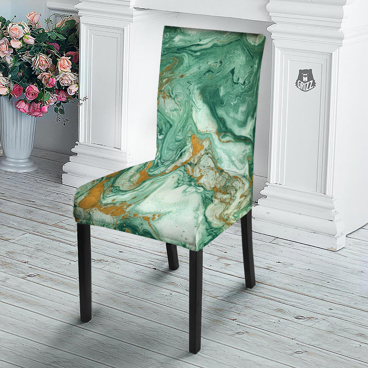Golden And Green Marble Textue Print Dining Chair Slipcover-grizzshop