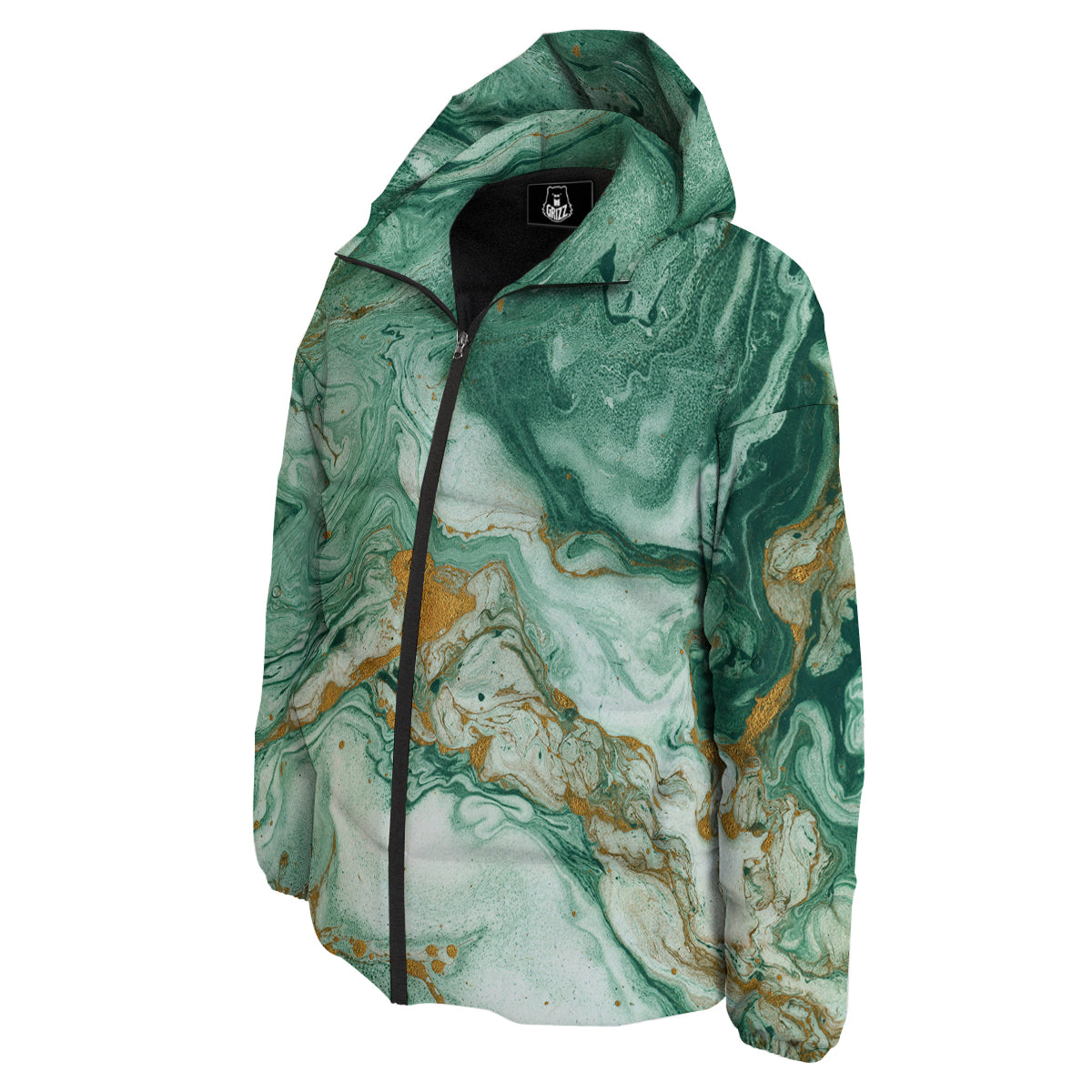 Golden And Green Marble Textue Print Down Jacket-grizzshop