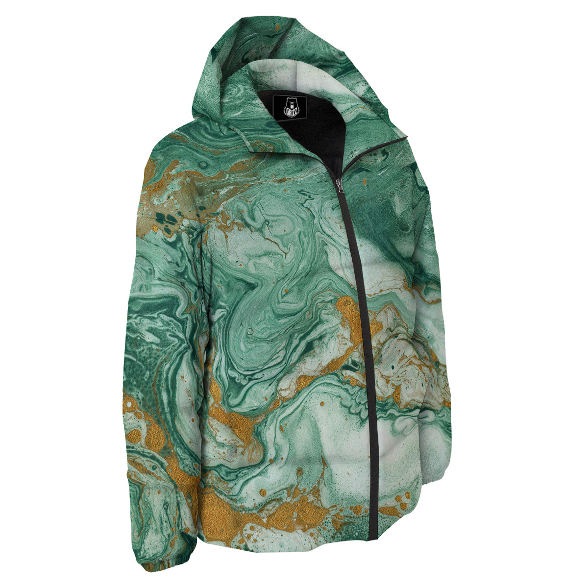Golden And Green Marble Textue Print Down Jacket-grizzshop