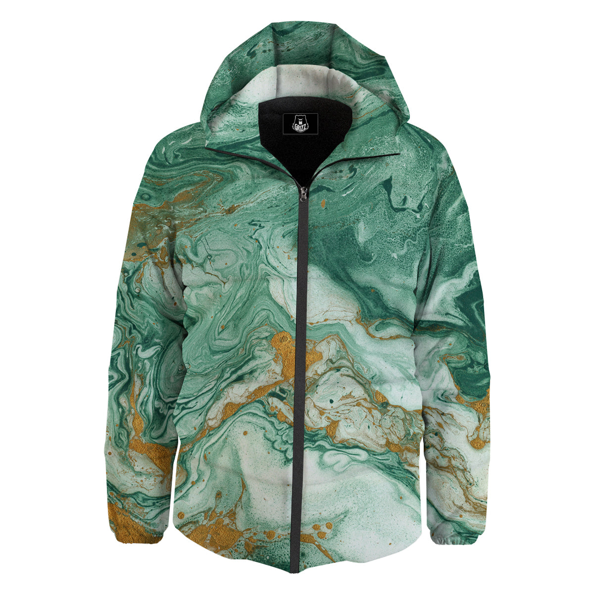 Golden And Green Marble Textue Print Down Jacket-grizzshop