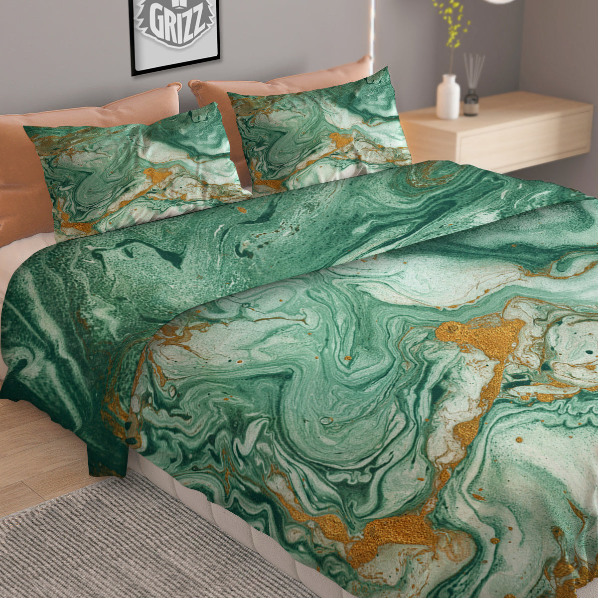 Golden And Green Marble Textue Print Duvet Cover Bedding Set