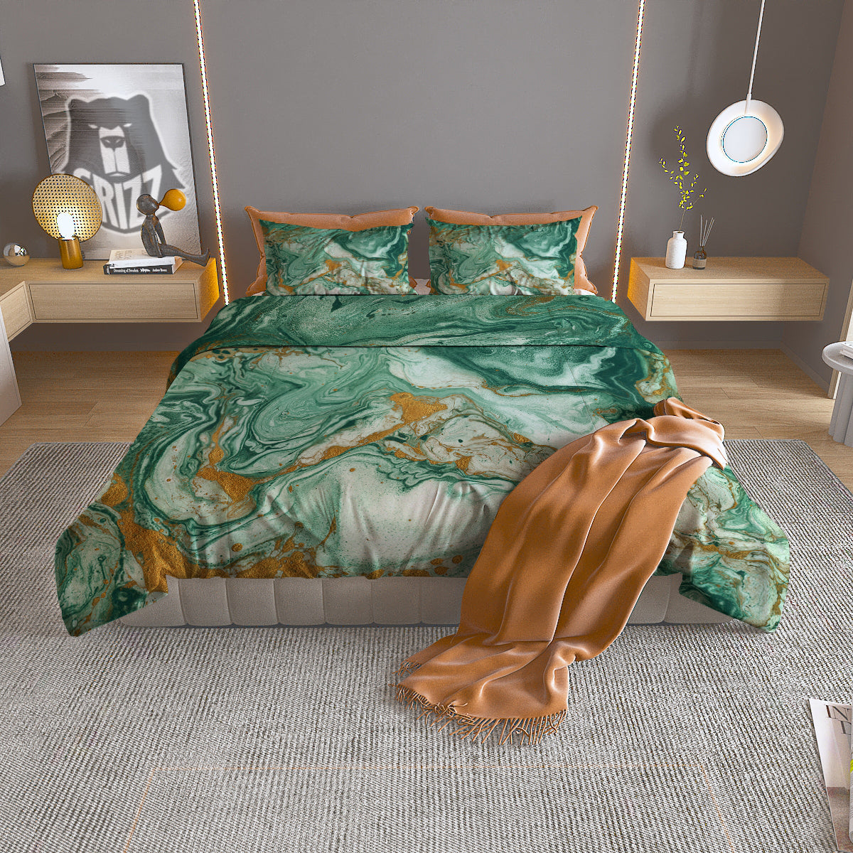 Golden And Green Marble Textue Print Duvet Cover Bedding Set