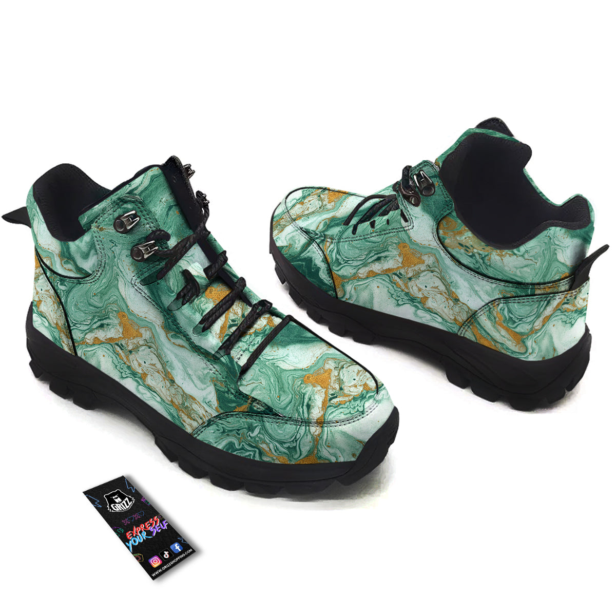 Golden And Green Marble Textue Print Hiking Shoes-grizzshop