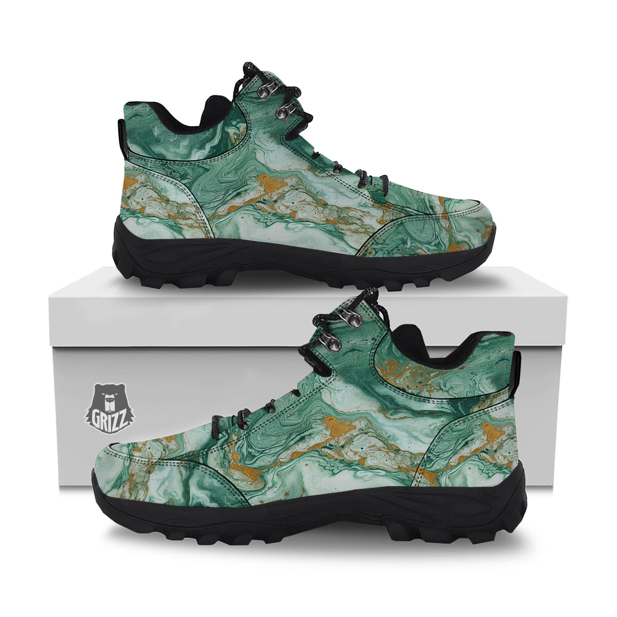 Golden And Green Marble Textue Print Hiking Shoes-grizzshop