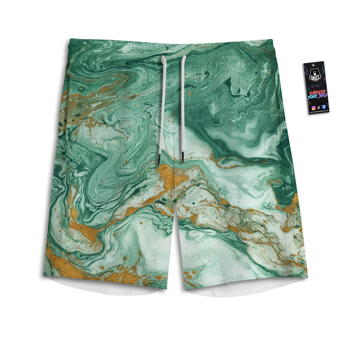 Golden And Green Marble Textue Print Men's Athletic Shorts