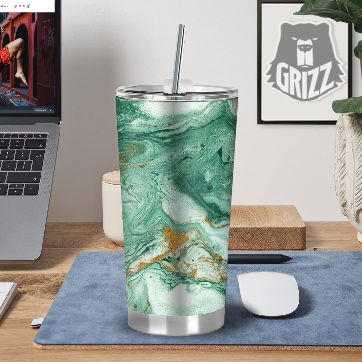 Golden And Green Marble Textue Print Tumbler-grizzshop