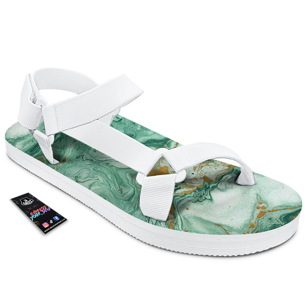 Golden And Green Marble Textue Print White Open Toe Sandals-grizzshop
