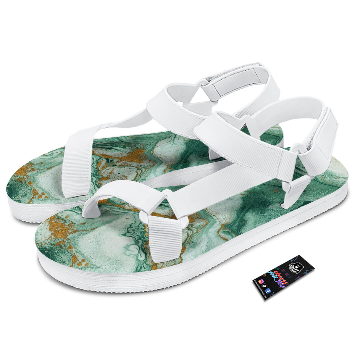 Golden And Green Marble Textue Print White Open Toe Sandals-grizzshop