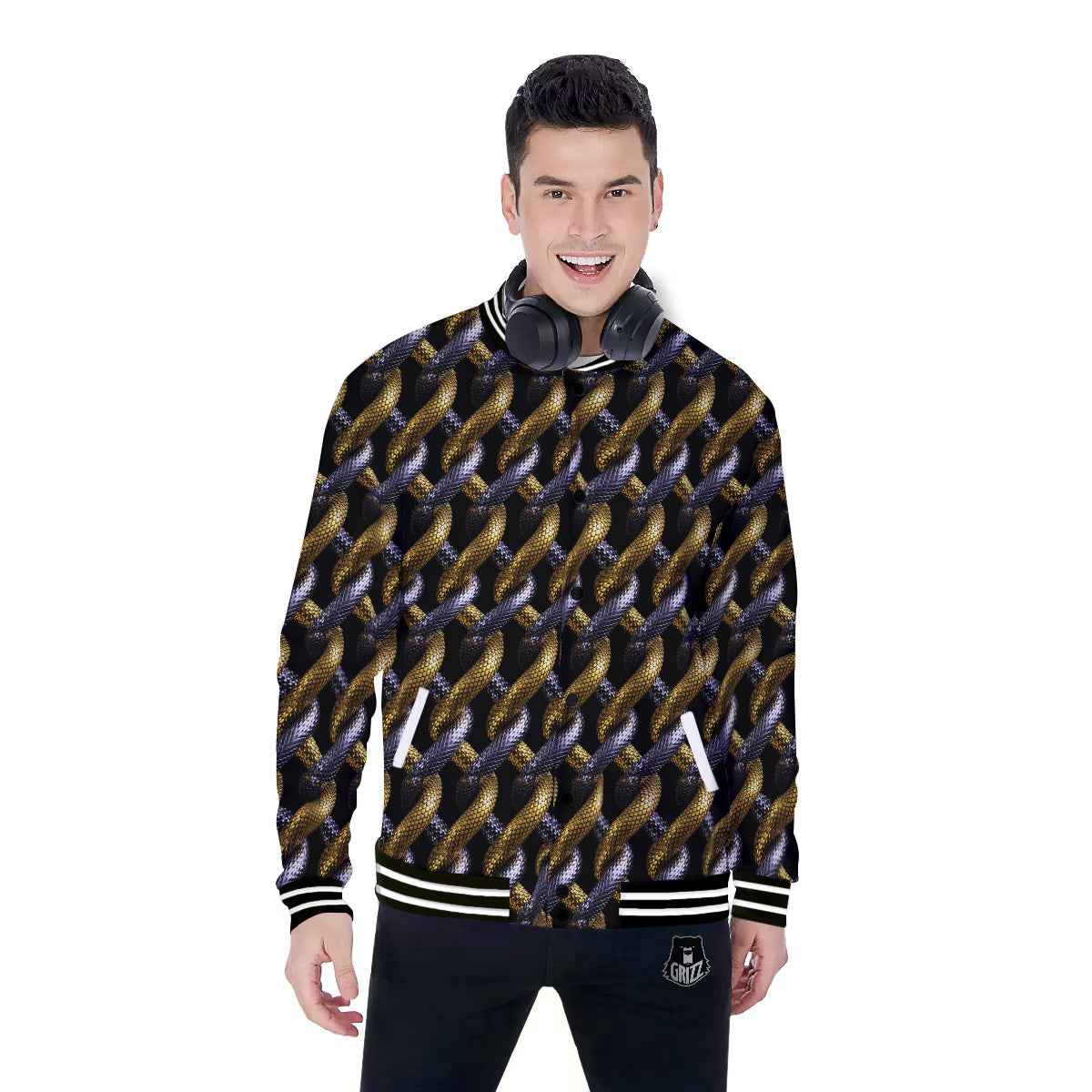 Golden And Silver Snakes 3D Print Pattern Baseball Jacket-grizzshop