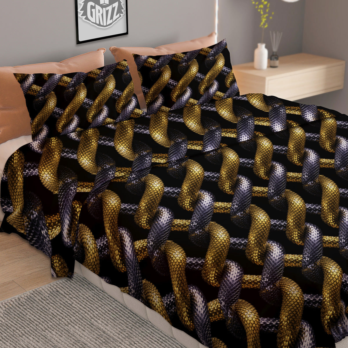 Golden And Silver Snakes 3D Print Pattern Duvet Cover Bedding Set