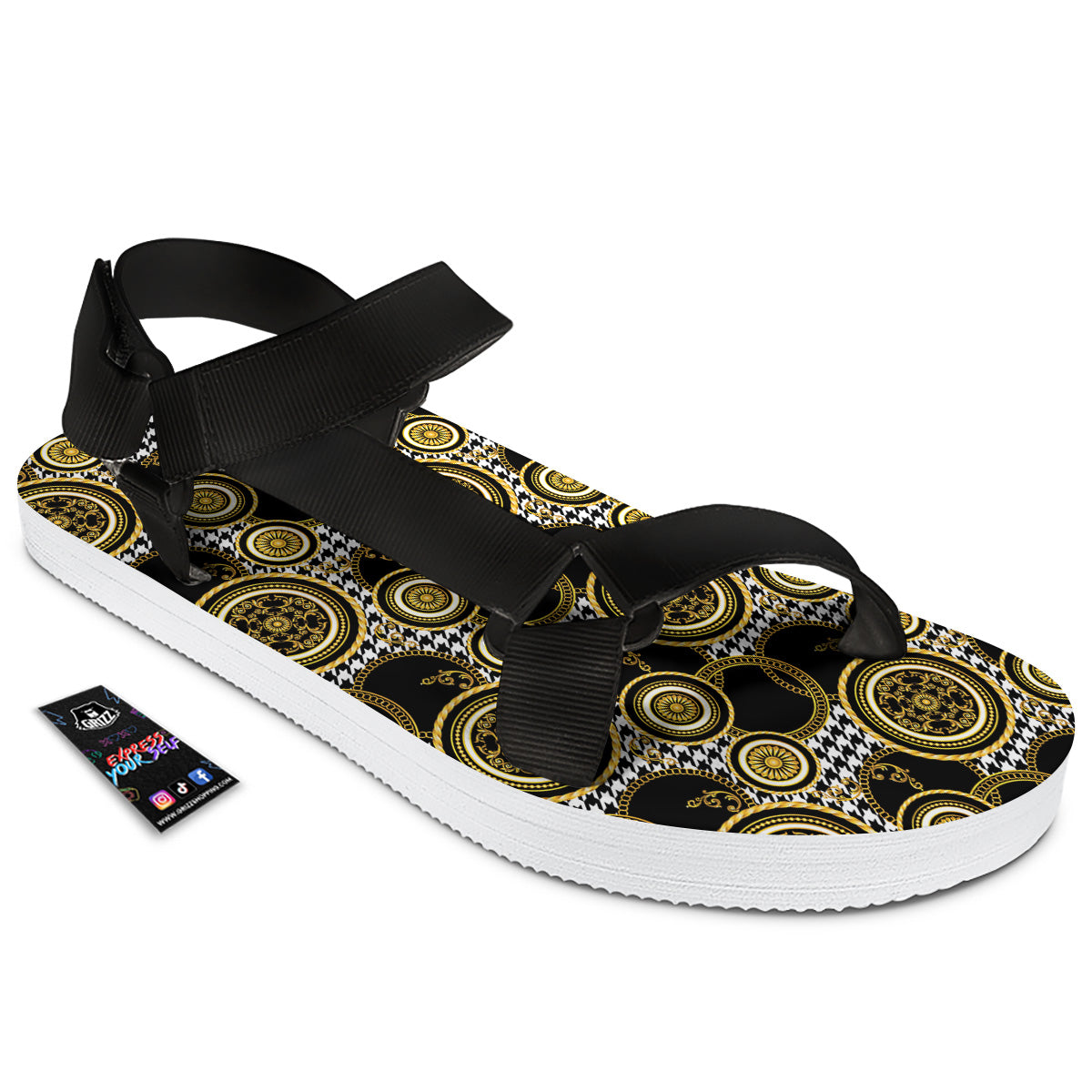 Golden Baroque And Black Houndstooth Print Pattern Black Open Toe Sandals-grizzshop