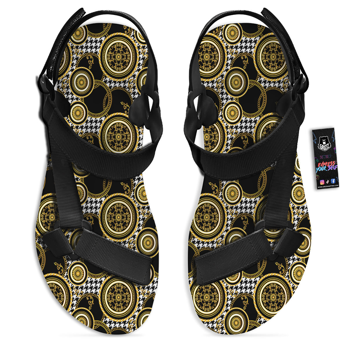 Golden Baroque And Black Houndstooth Print Pattern Black Open Toe Sandals-grizzshop