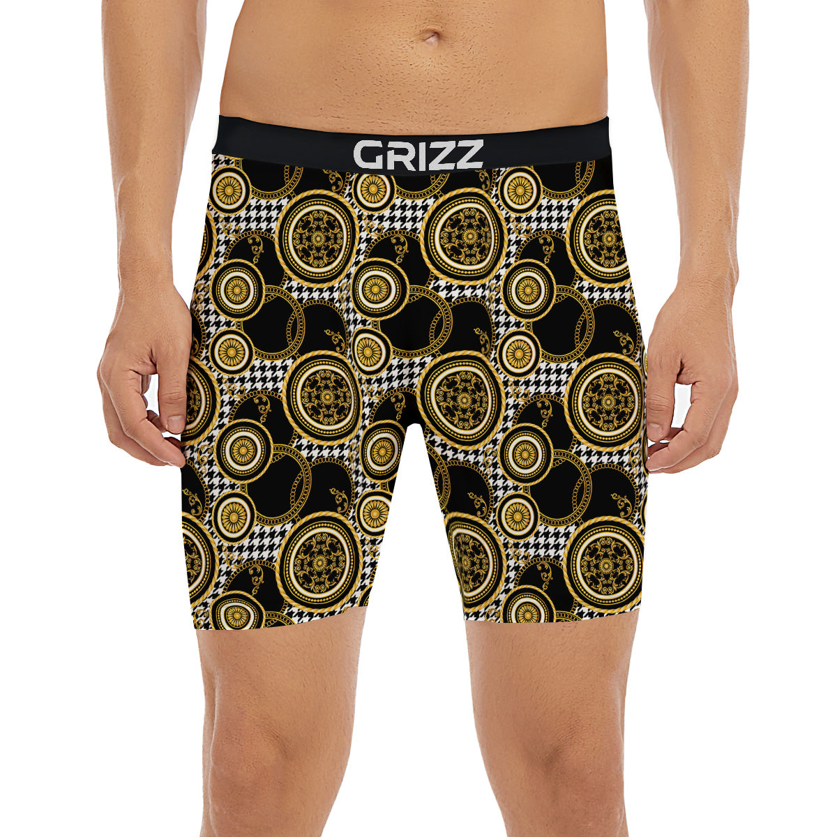 Golden Baroque And Black Houndstooth Print Pattern Boxer Briefs-grizzshop