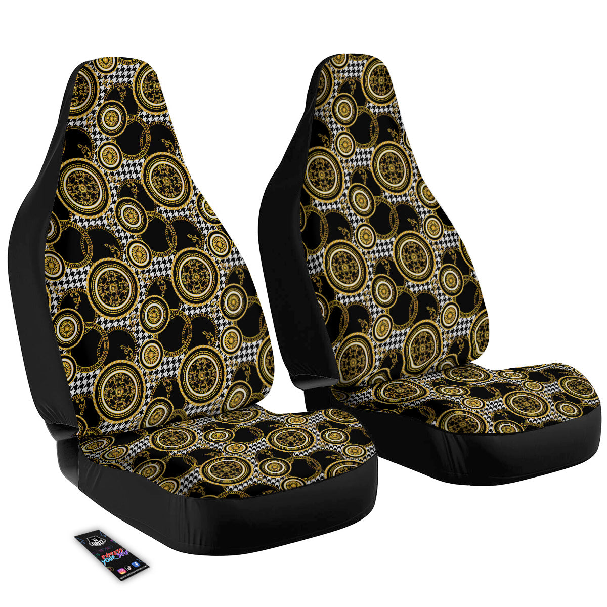 Golden Baroque And Black Houndstooth Print Pattern Car Seat Covers-grizzshop