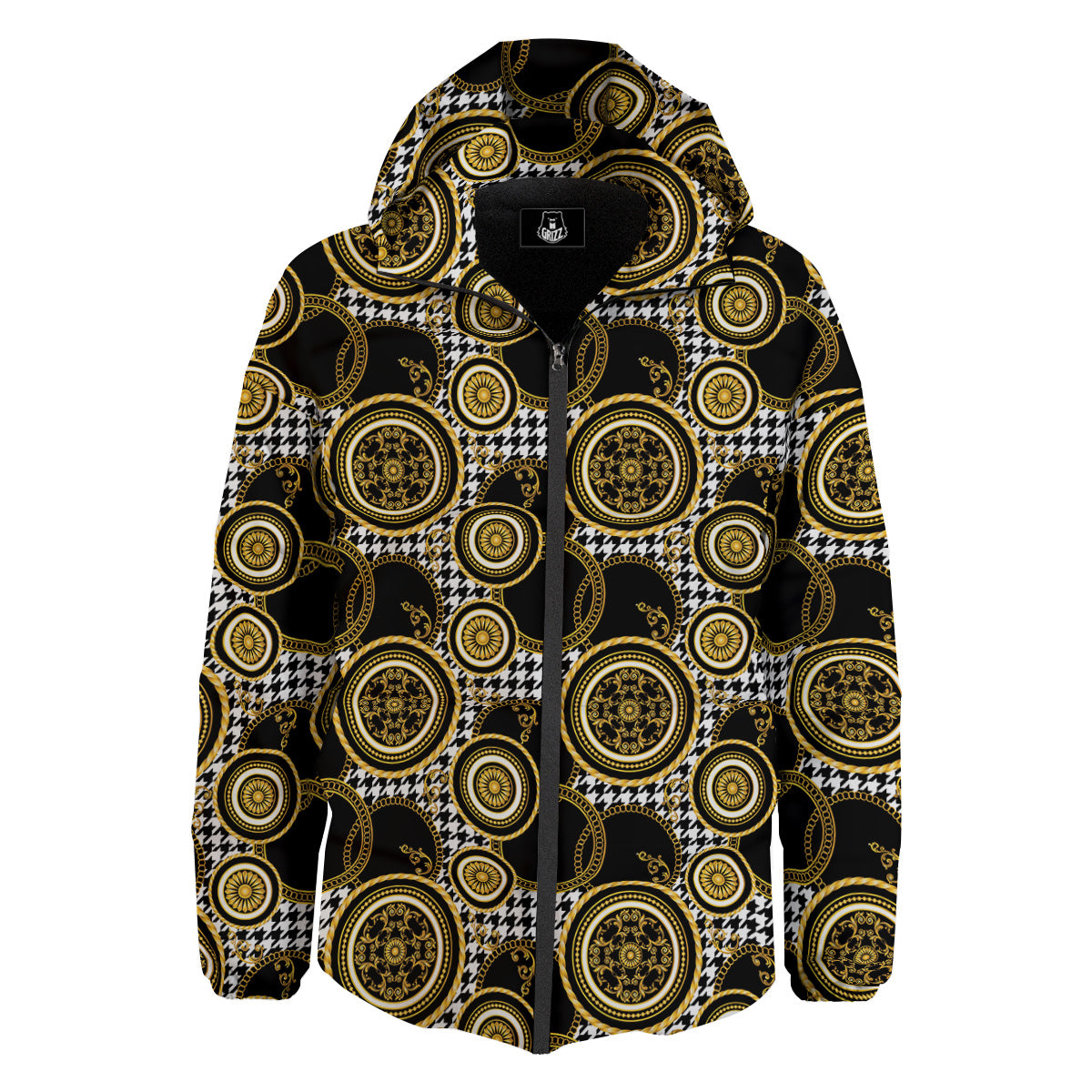 Golden Baroque And Black Houndstooth Print Pattern Down Jacket-grizzshop