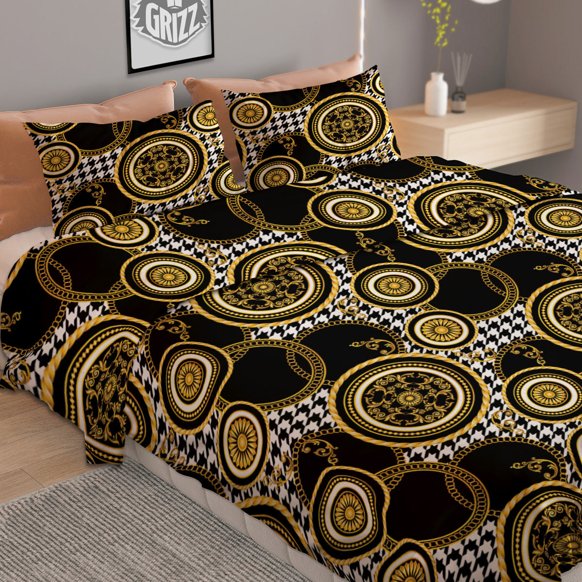 Golden Baroque And Black Houndstooth Print Pattern Duvet Cover Bedding Set