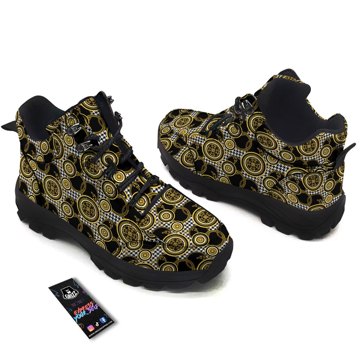 Golden Baroque And Black Houndstooth Print Pattern Hiking Shoes-grizzshop
