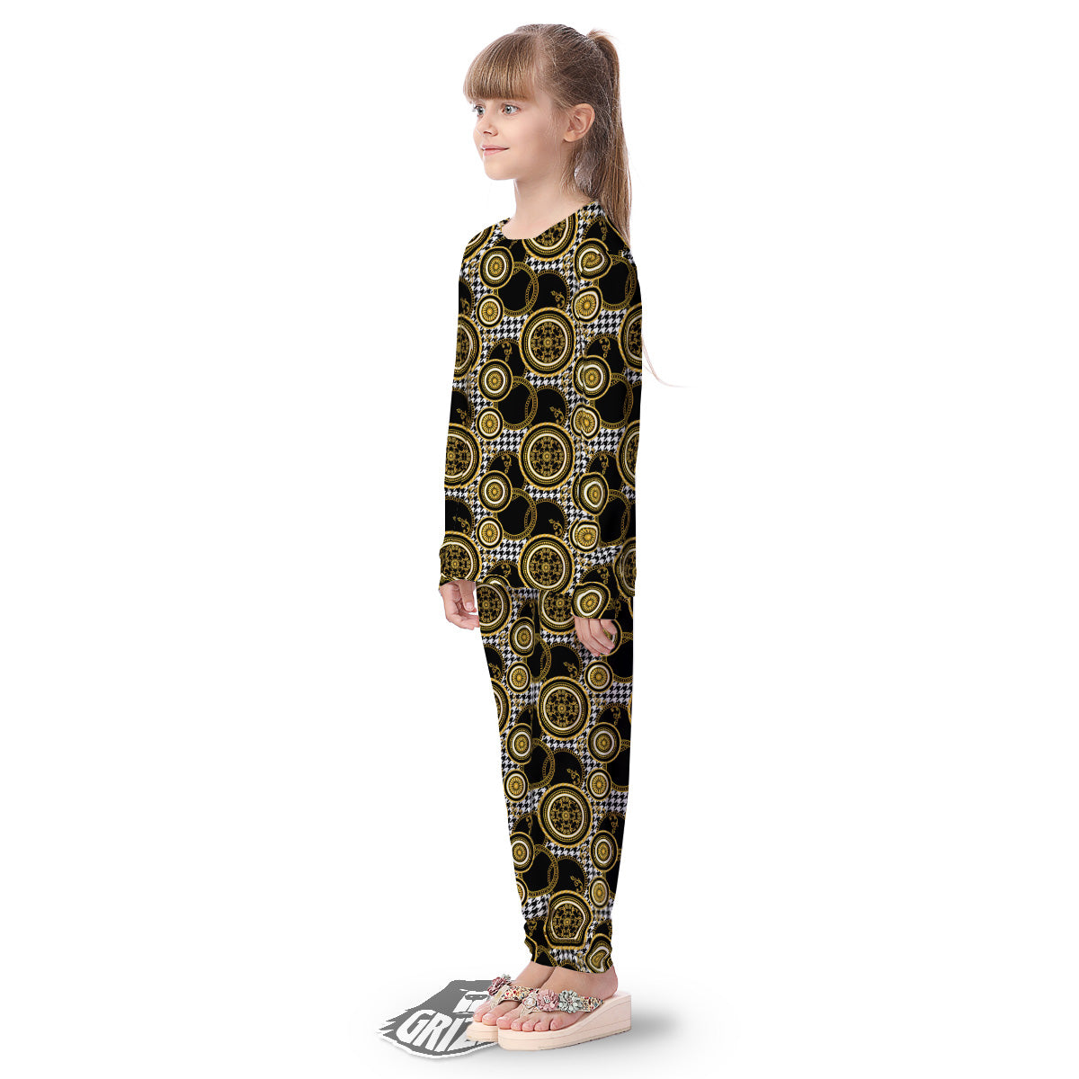 Golden Baroque And Black Houndstooth Print Pattern Kid's Pajamas-grizzshop