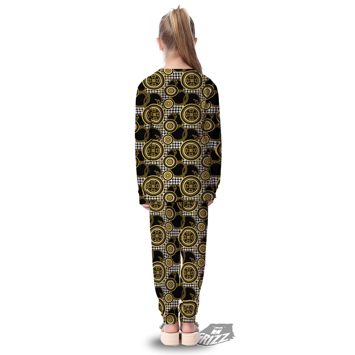 Golden Baroque And Black Houndstooth Print Pattern Kid's Pajamas-grizzshop