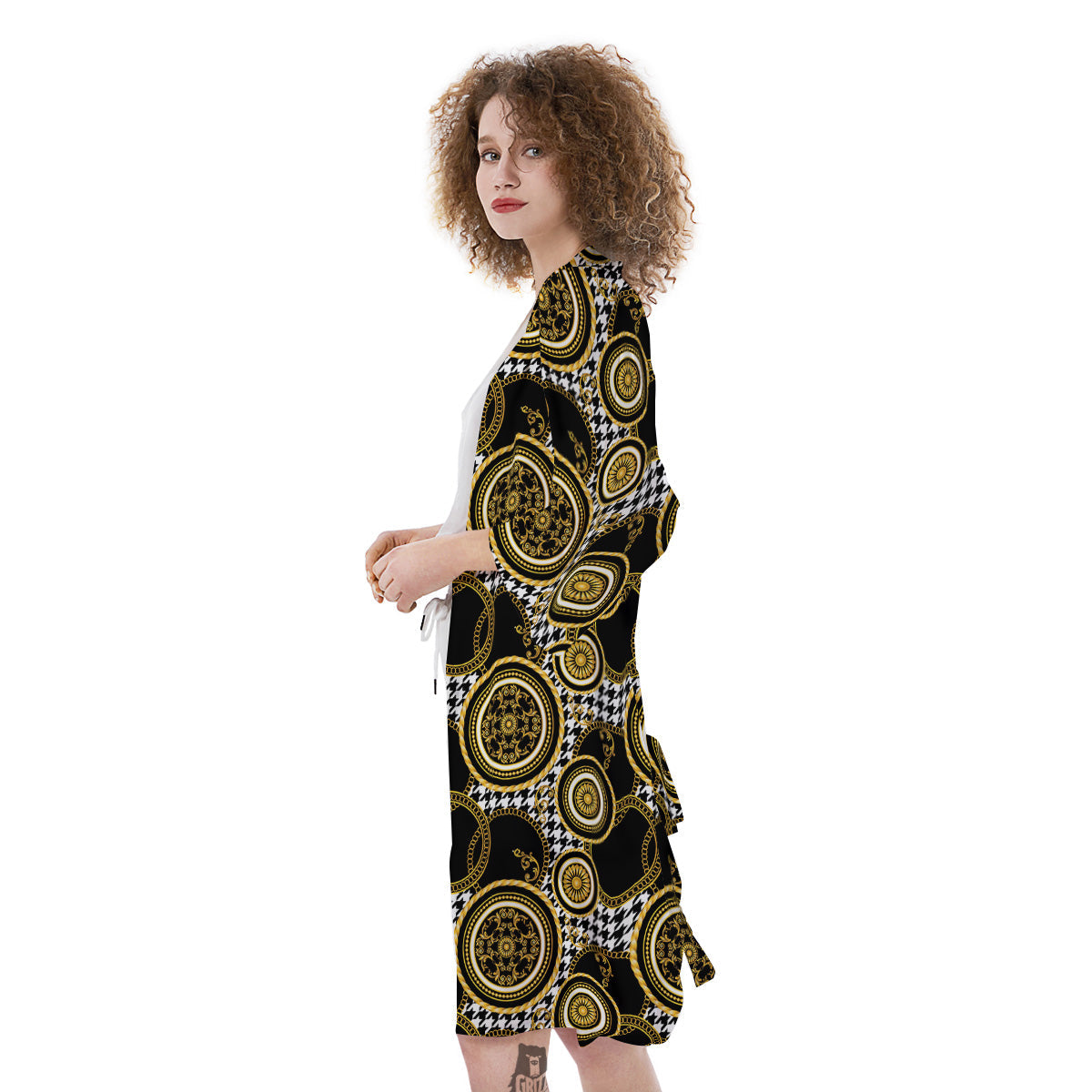 Golden Baroque And Black Houndstooth Print Pattern Kimono-grizzshop