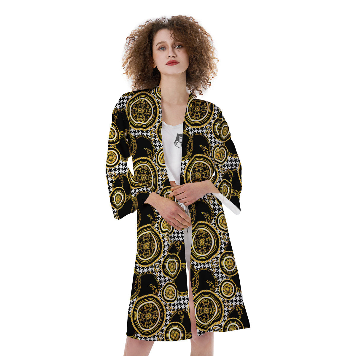 Golden Baroque And Black Houndstooth Print Pattern Kimono-grizzshop